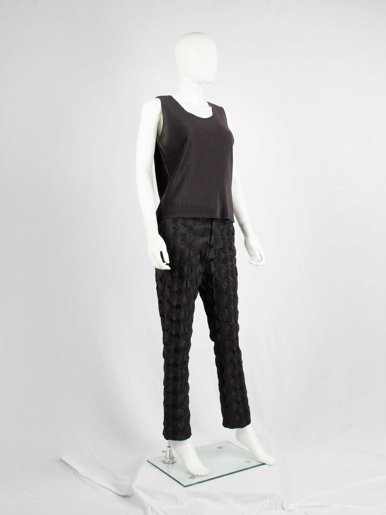 Issey Miyake dark brown trousers made of textured circles fused ...