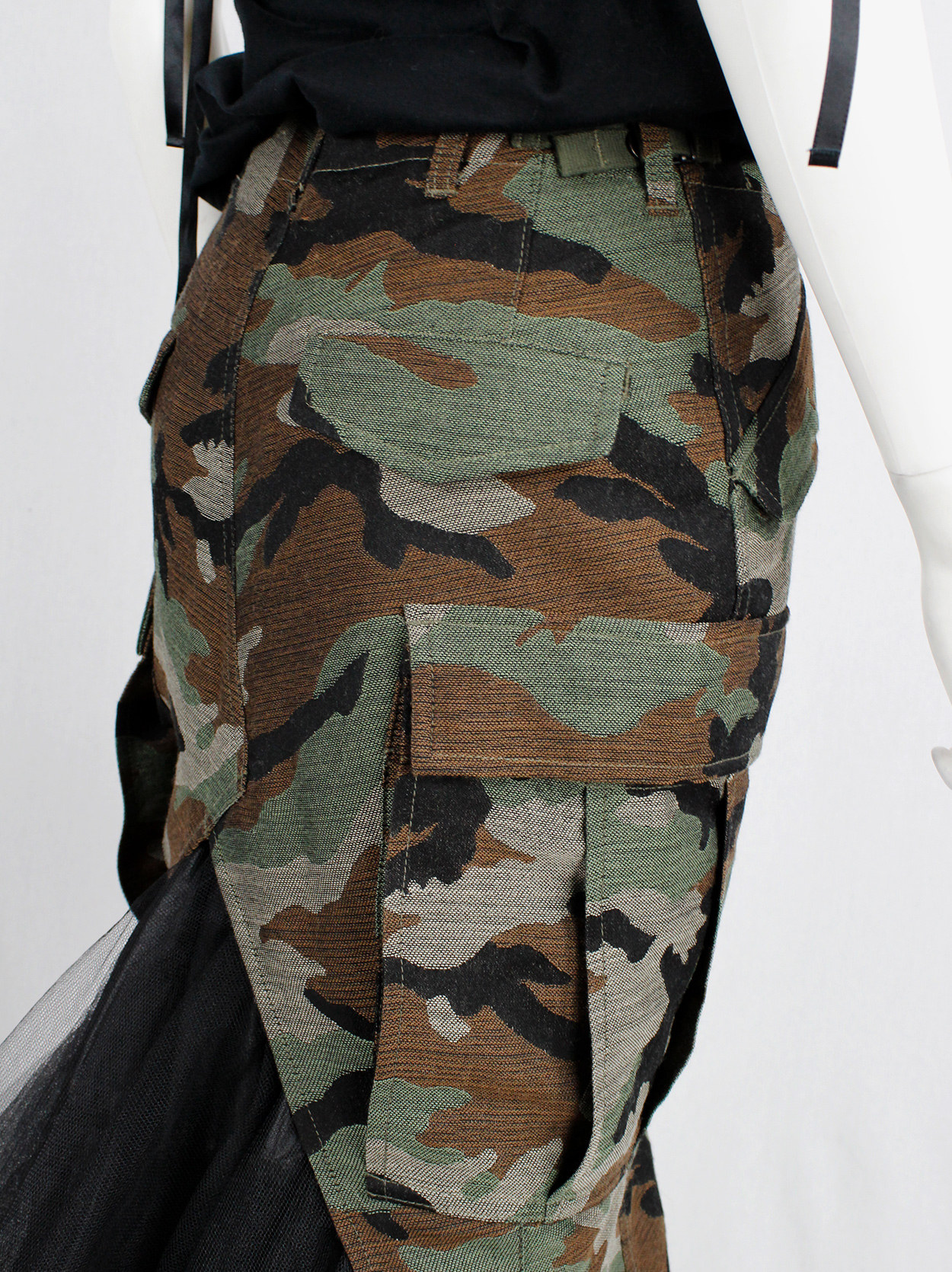 Junya Watanabe camouflage deconstructed mermaid skirt with black tulle ...