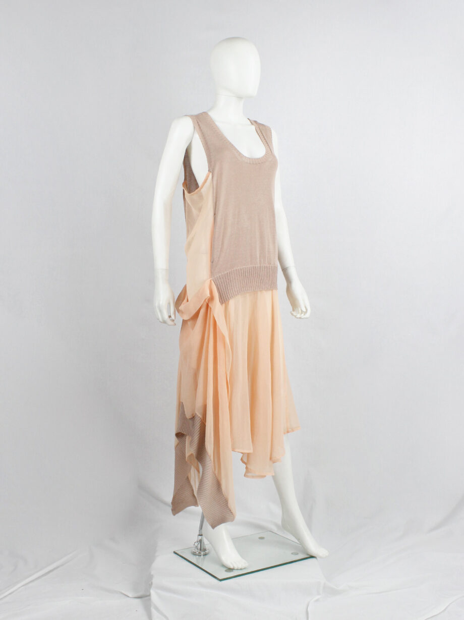 Limi Feu peach sheer dress with draped layers under a deconstructed wool vest (3)