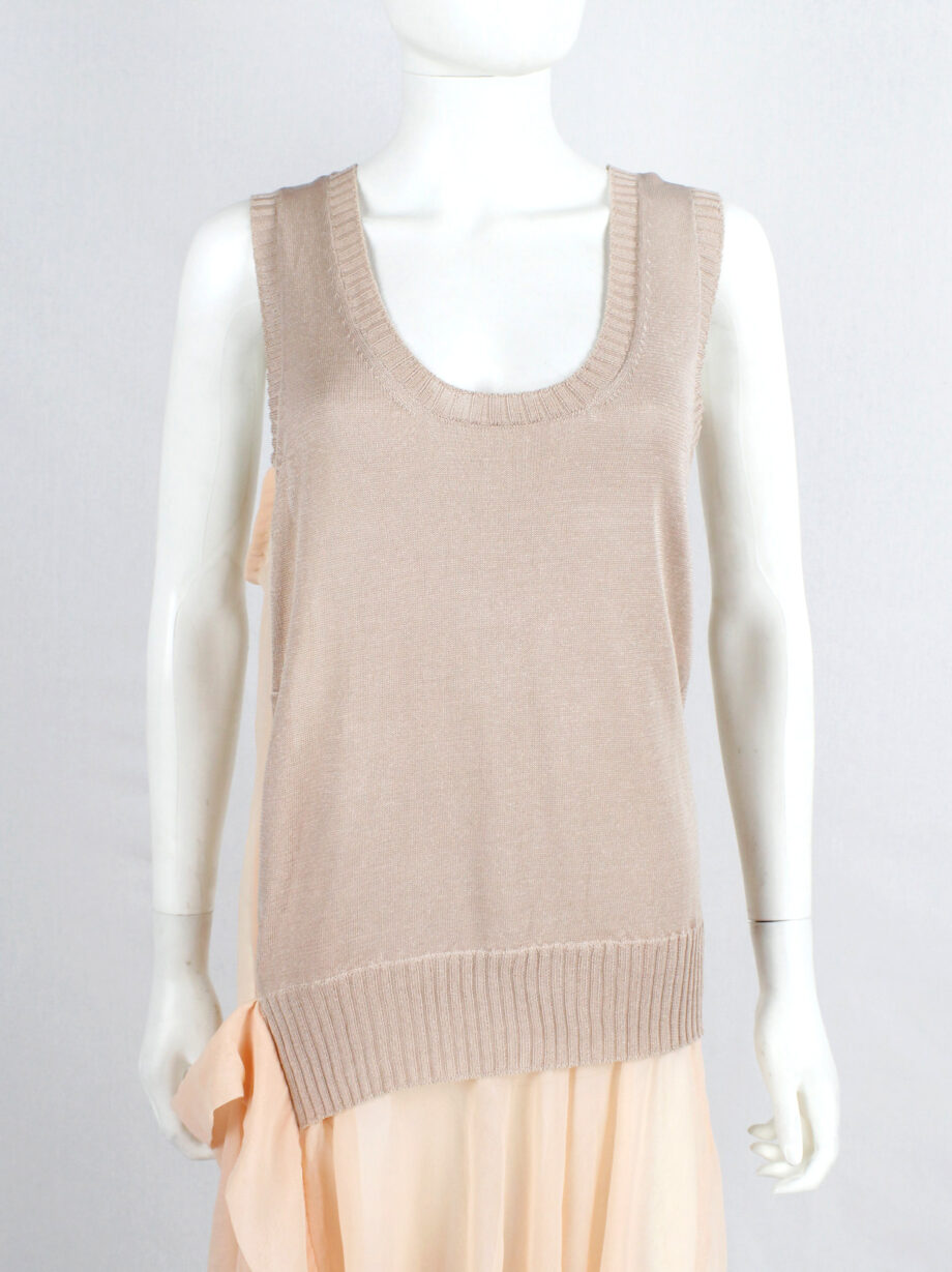 Limi Feu peach sheer dress with draped layers under a deconstructed wool vest (6)