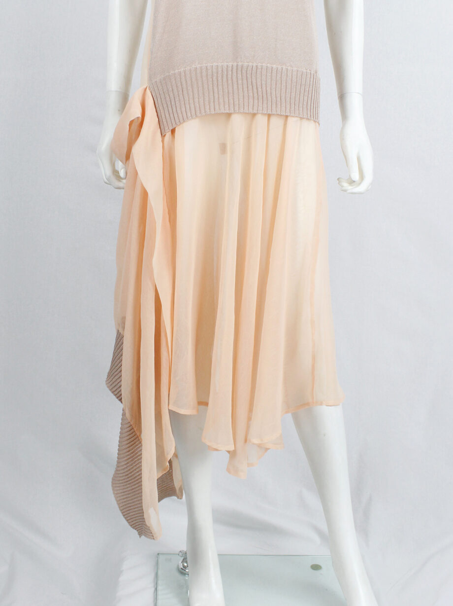 Limi Feu peach sheer dress with draped layers under a deconstructed wool vest (8)