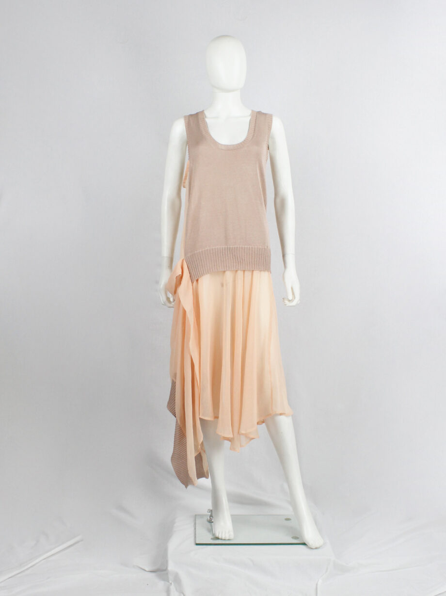 Limi Feu peach sheer dress with draped layers under a deconstructed wool vest (9)