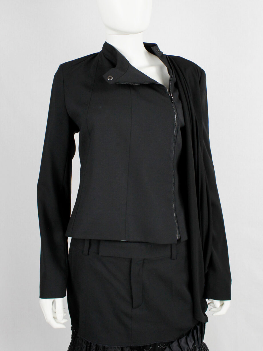 af Vandevorst black biker jacket in two fabrics with draped sash fall 2010 (1)