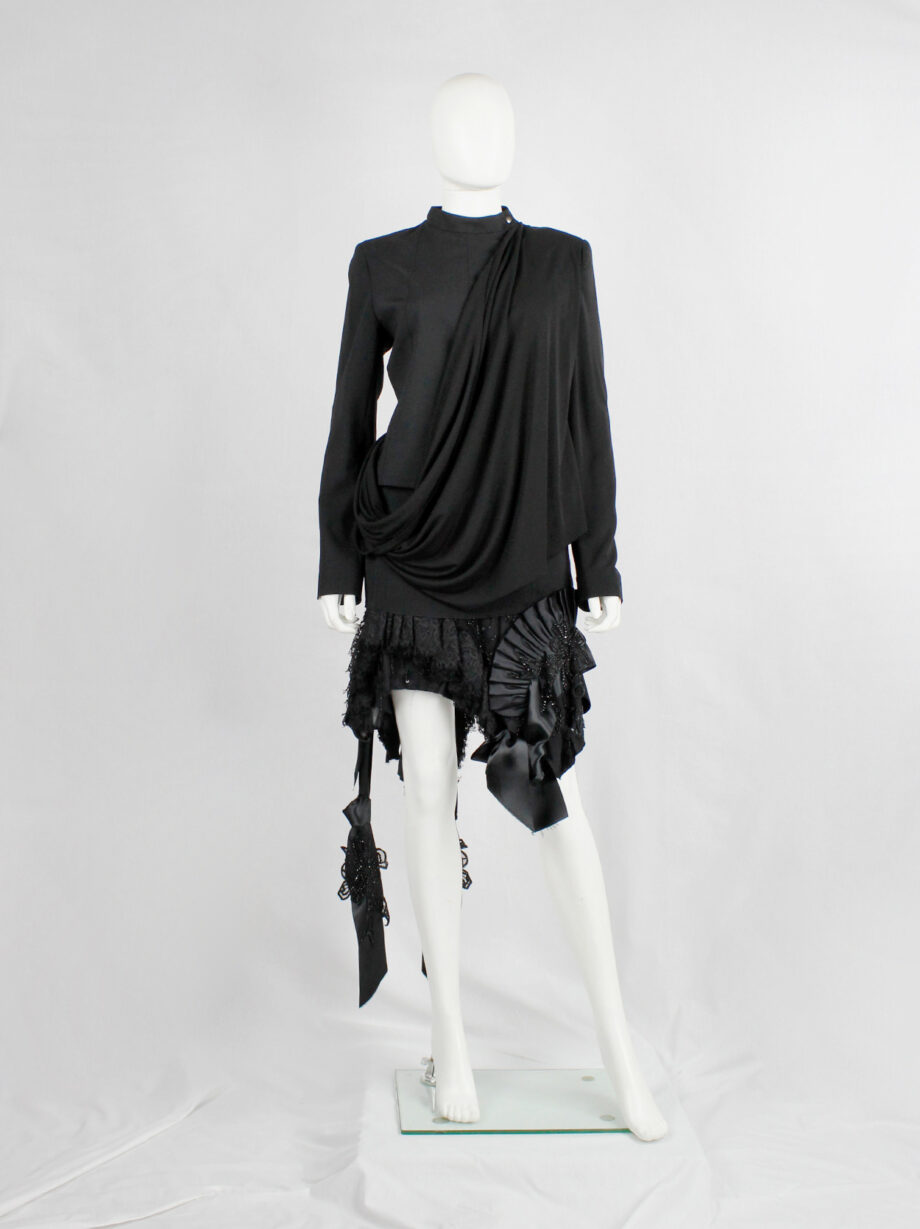 af Vandevorst black biker jacket in two fabrics with draped sash fall 2010 (10)