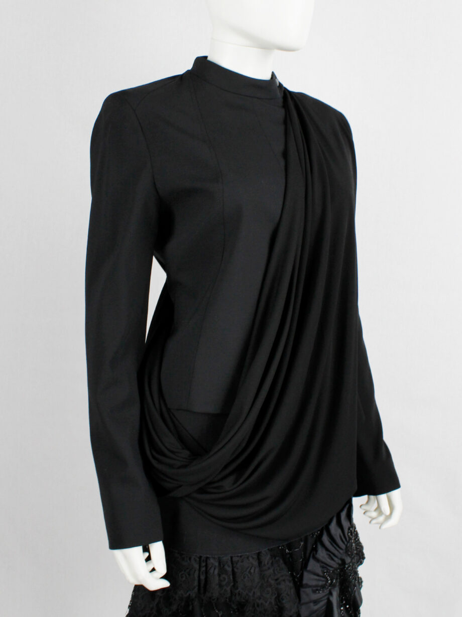 af Vandevorst black biker jacket in two fabrics with draped sash fall 2010 (12)