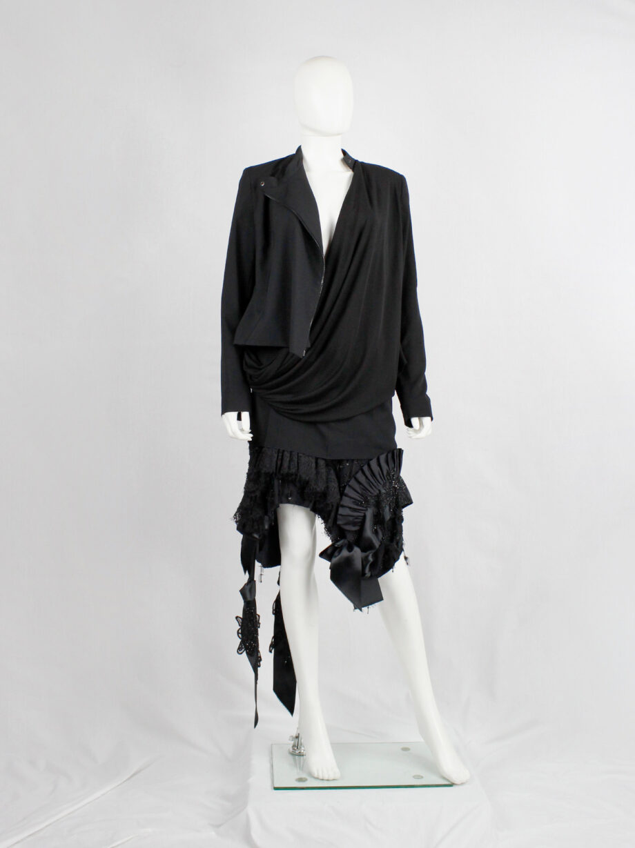 af Vandevorst black biker jacket in two fabrics with draped sash fall 2010 (17)