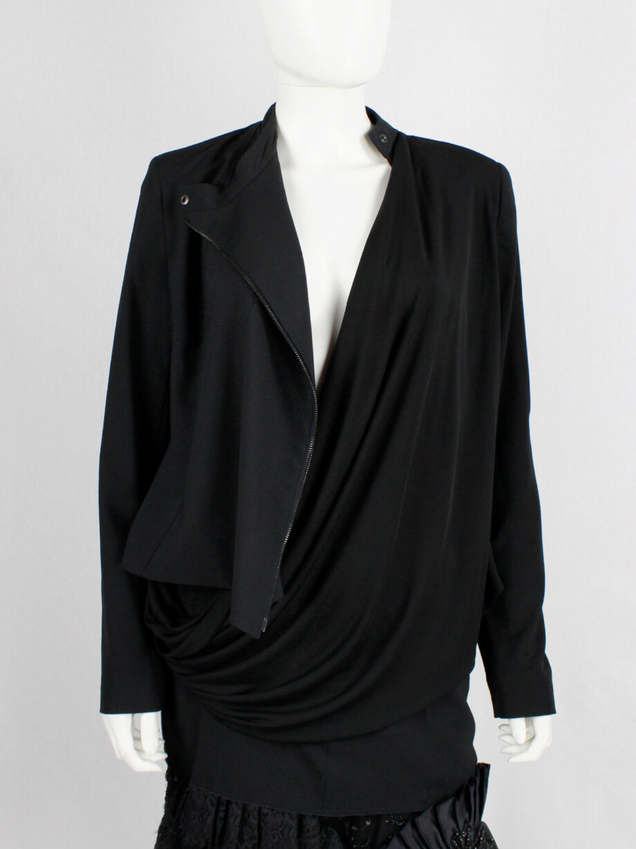 af Vandevorst black biker jacket in two fabrics with draped sash fall 2010 (18)