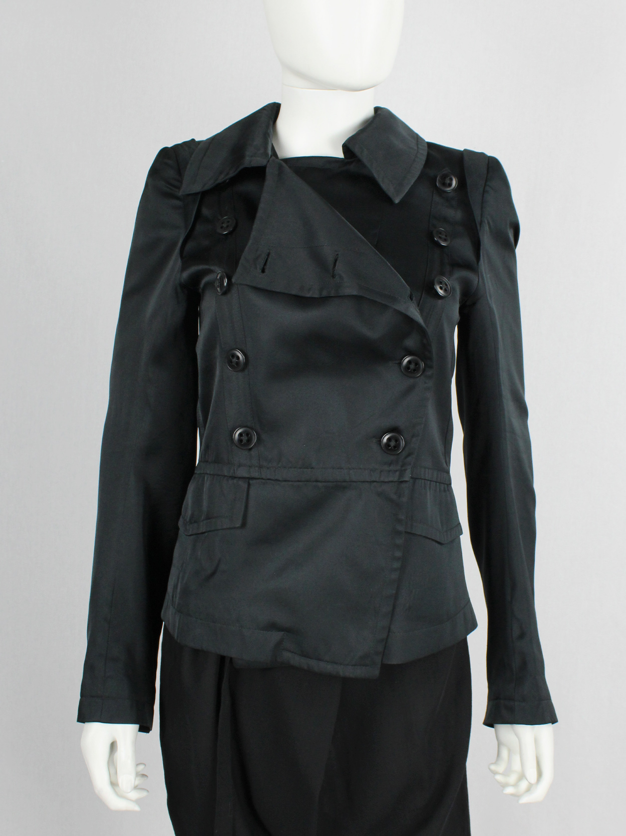 Ann Demeulemeester black satin double breasted jacket with large collar ...