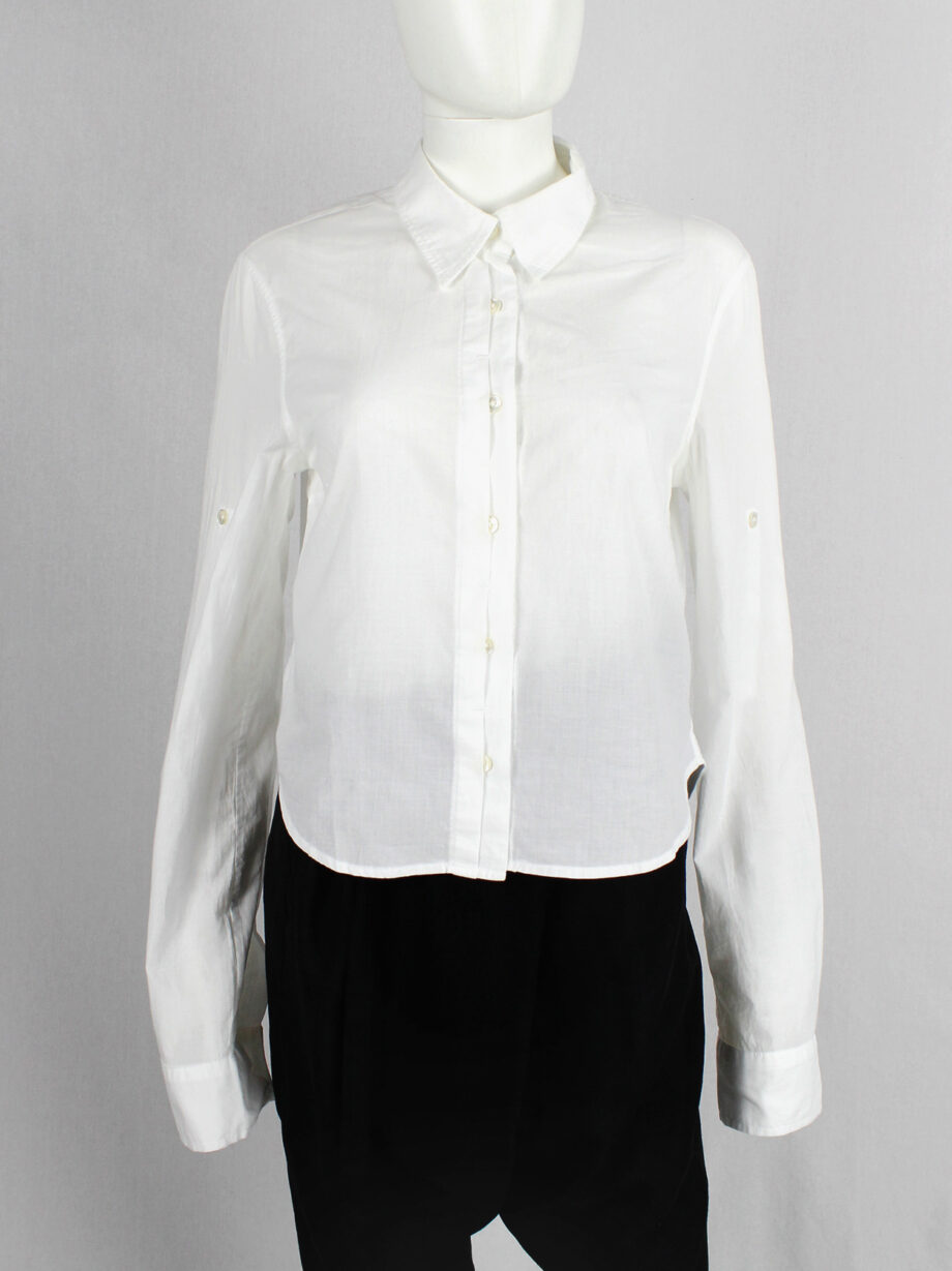 Ann Demeulemeester white cropped shirt with extra long sleeves and semi-covered buttons (17)