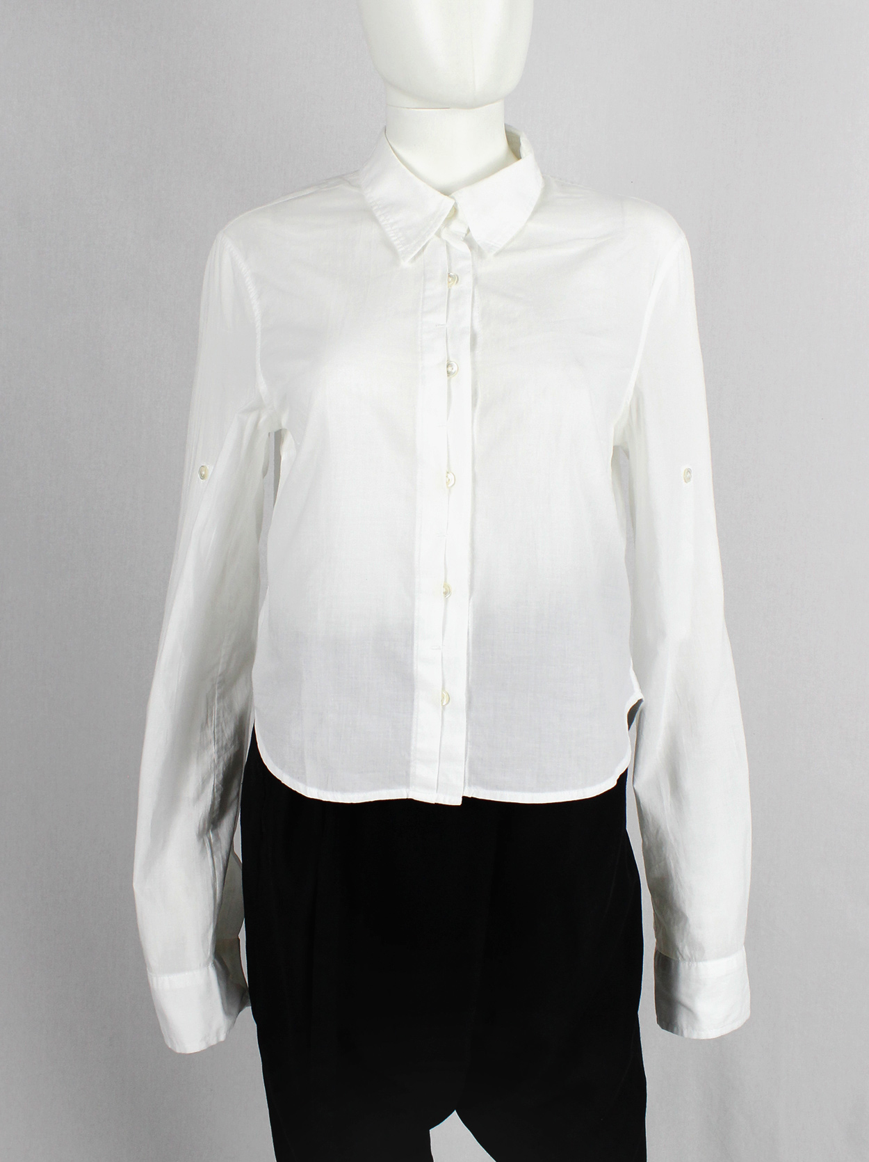 Ann Demeulemeester white cropped shirt with extra long sleeves and semi ...