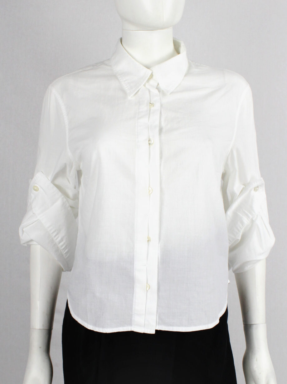 Ann Demeulemeester white cropped shirt with extra long sleeves and semi-covered buttons (6)
