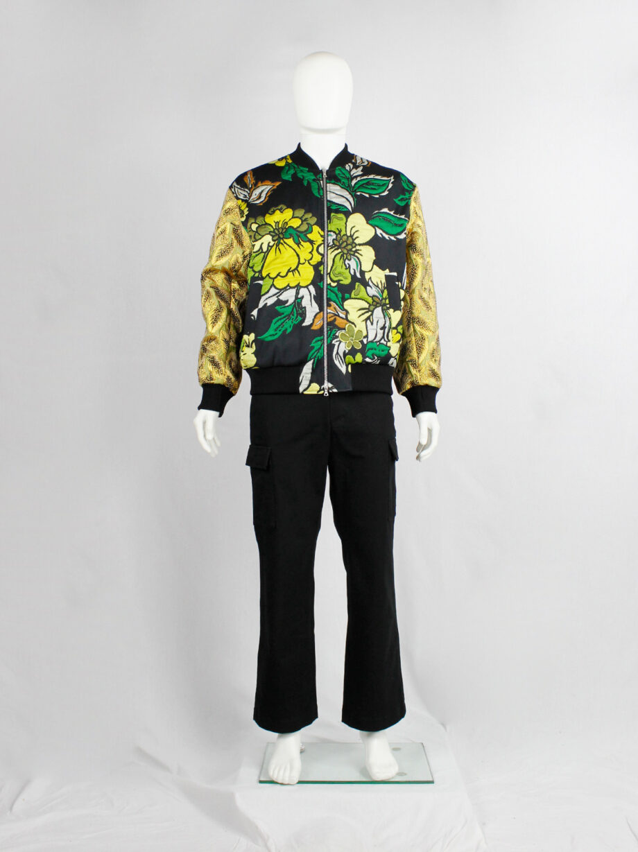 Dries Van Noten green and yellow floral embroidered bomber jacket with gold brocade sleeves (17)