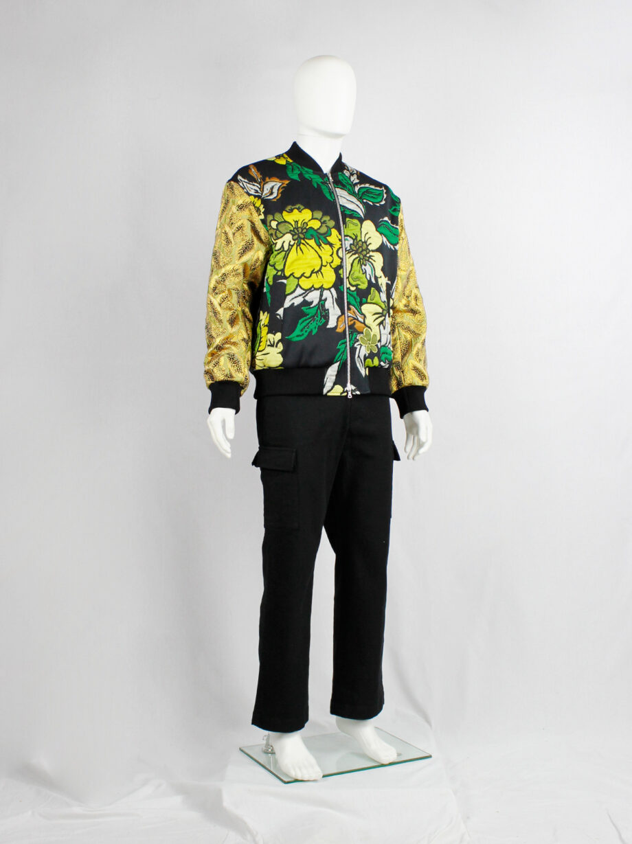 Dries Van Noten green and yellow floral embroidered bomber jacket with gold brocade sleeves (18)