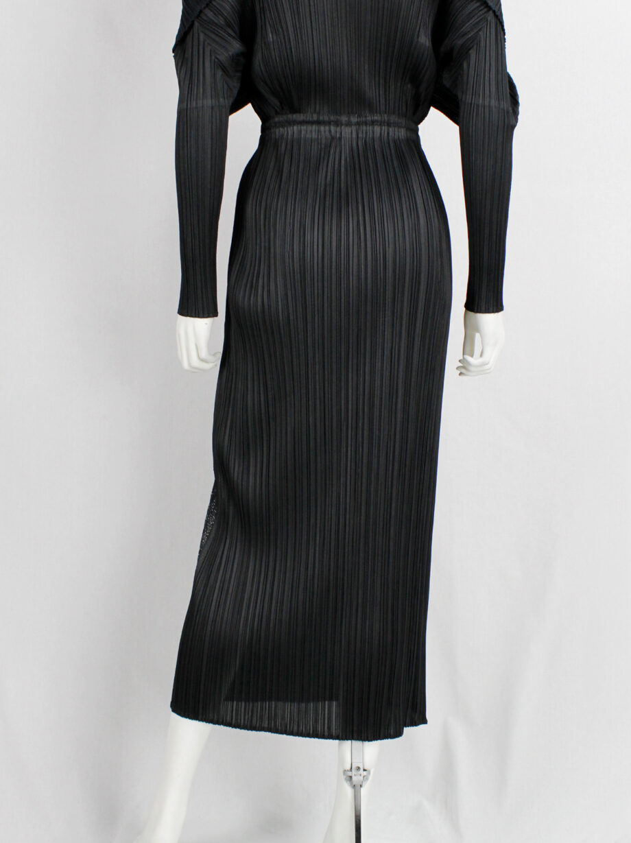 Issey Miyake Pleats Please black pleated maxi skirt with slit and mesh insert (1)
