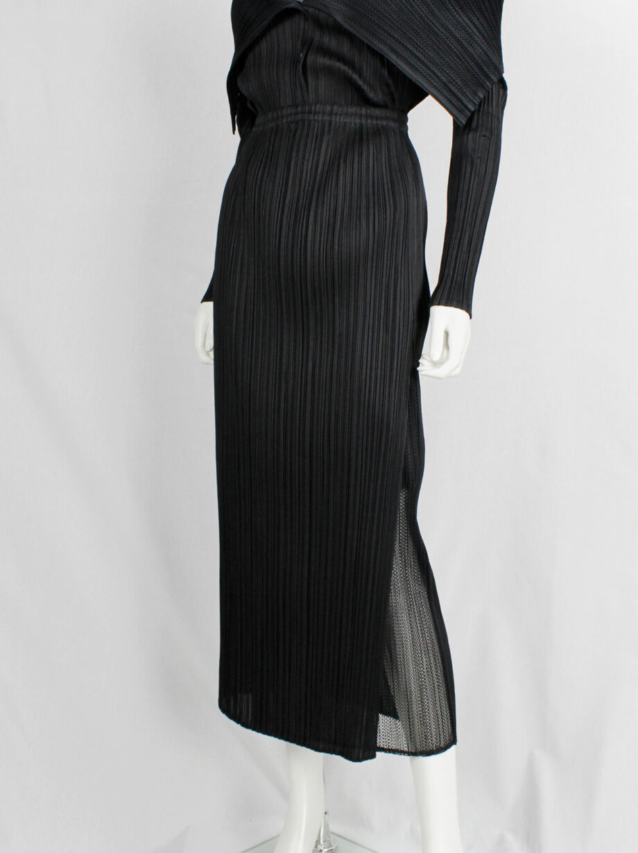 Issey Miyake Pleats Please black pleated maxi skirt with slit and mesh insert (11)