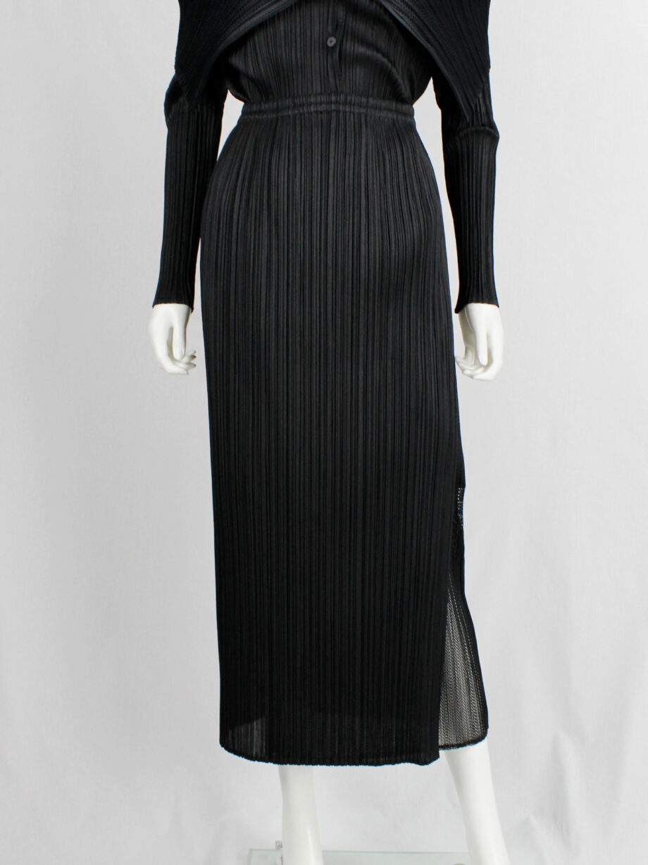 Issey Miyake Pleats Please black pleated maxi skirt with slit and mesh insert (7)