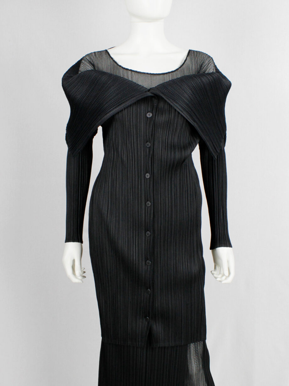 Issey Miyake Pleats Please black square jumper buttoned into a folded cardigan (16)