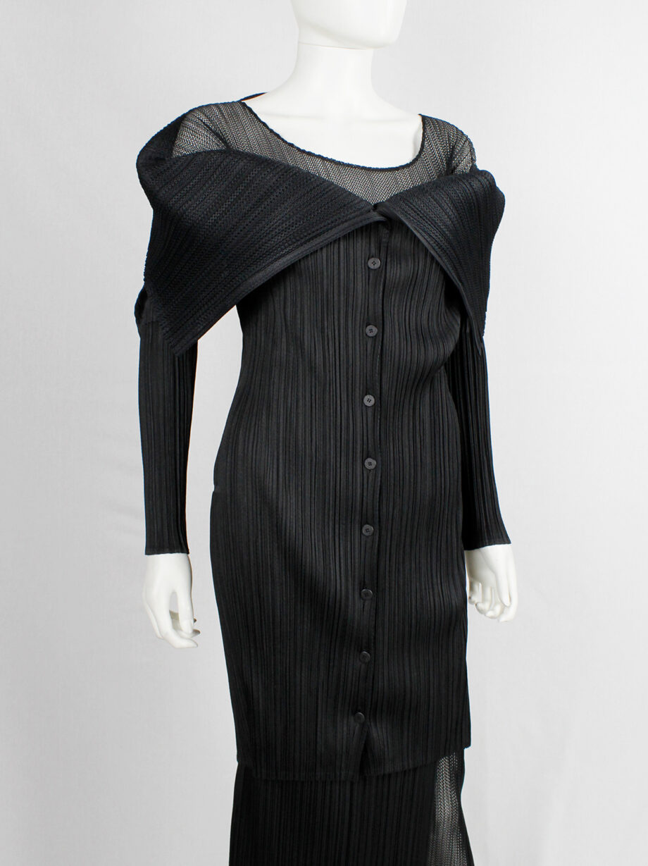 Issey Miyake Pleats Please black square jumper buttoned into a folded cardigan (18)
