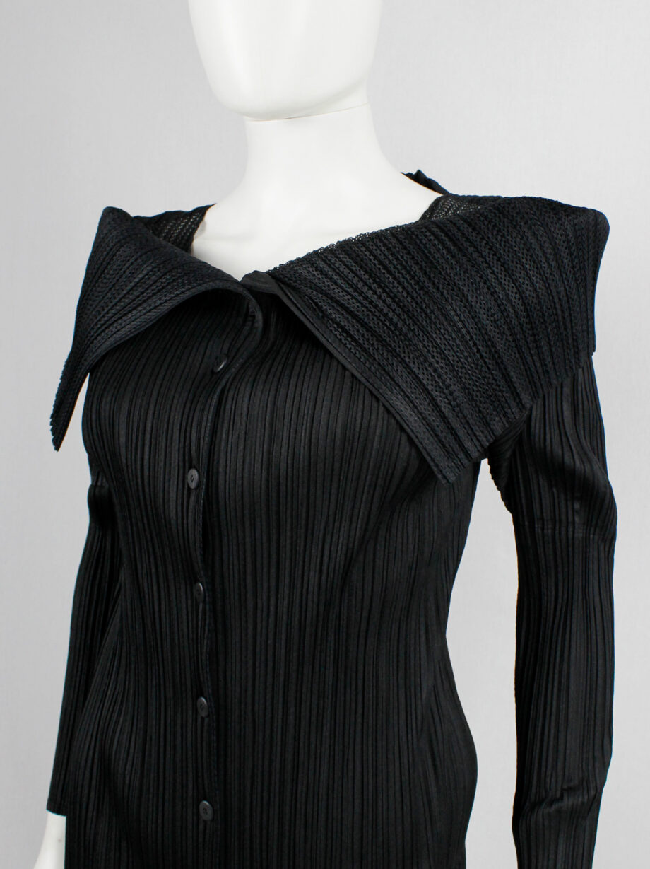 Issey Miyake Pleats Please black square jumper buttoned into a folded cardigan (2)