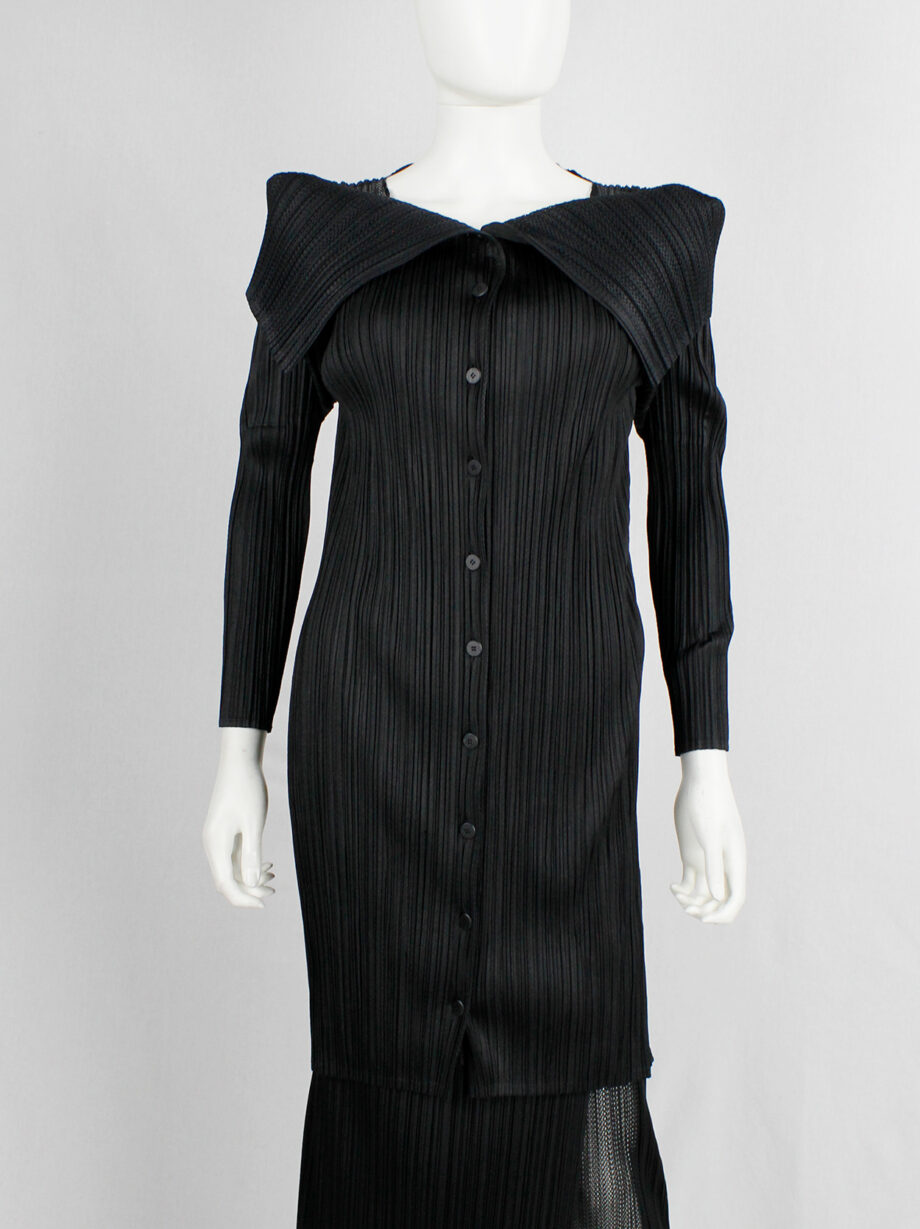 Issey Miyake Pleats Please black square jumper buttoned into a folded cardigan (3)
