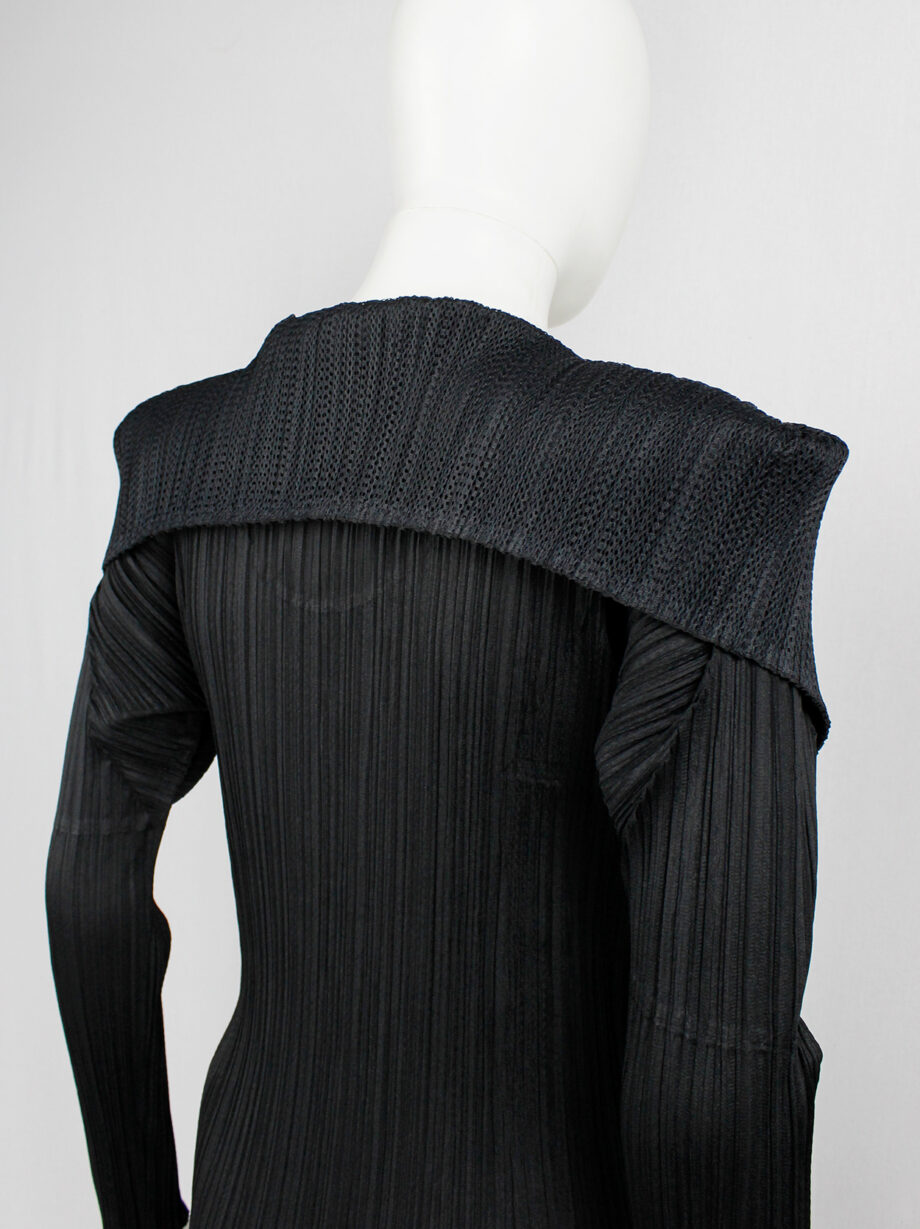 Issey Miyake Pleats Please black square jumper buttoned into a folded cardigan (5)