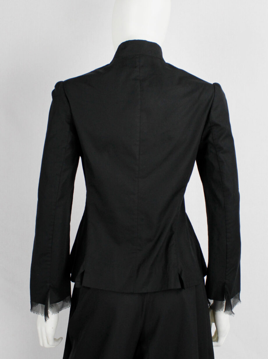 Yohji Yamamoto Noir black tailored blazer with frayed silk trim at the sleeves (1)