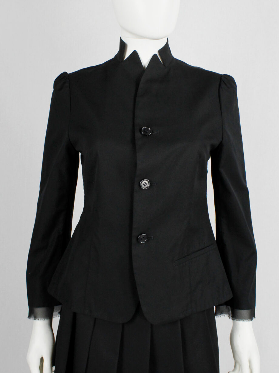 Yohji Yamamoto Noir black tailored blazer with frayed silk trim at the sleeves (6)