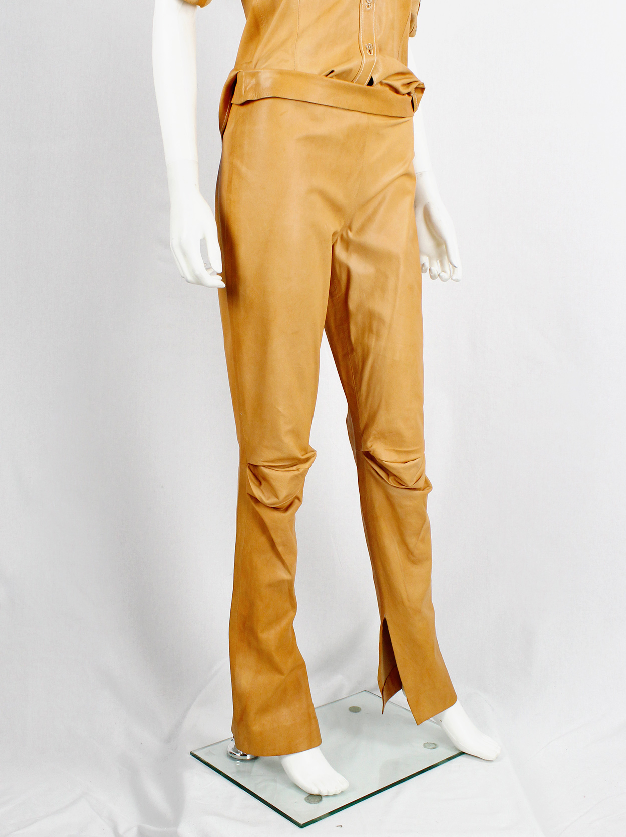 A.F. Vandevorst cognac leather pajama trousers with stretched out knees ...