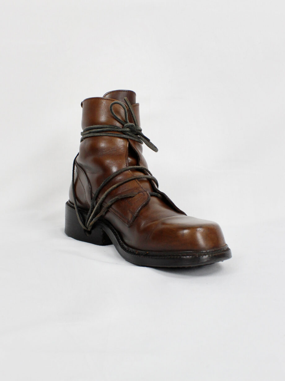 Dirk Bikkembergs brown combat boots wrapped with laces through the soles (17)