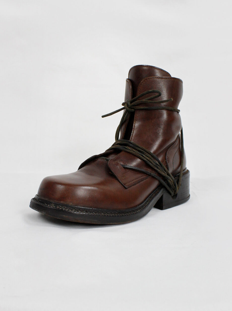 Dirk Bikkembergs brown combat boots wrapped with laces through the soles 1990s (15)