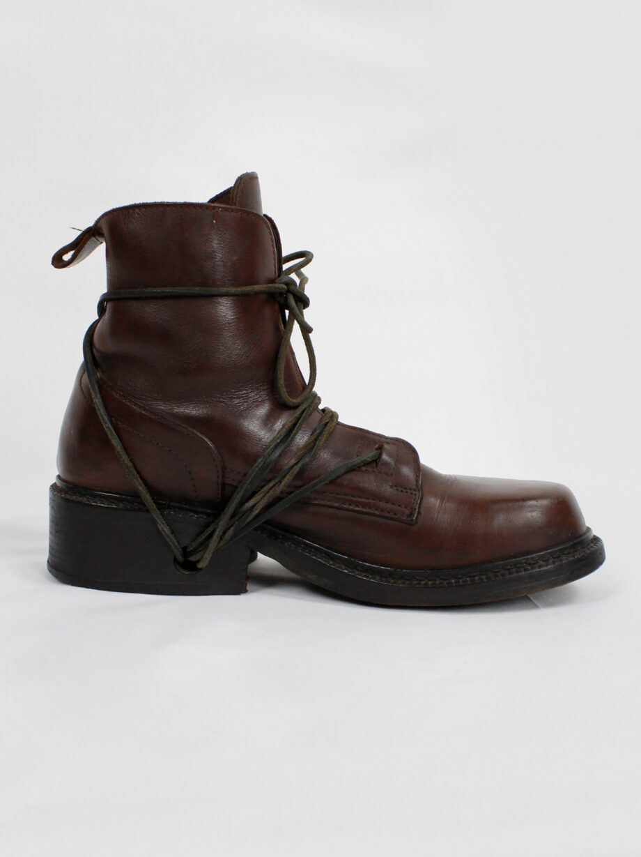Dirk Bikkembergs brown combat boots wrapped with laces through the soles 1990s (18)