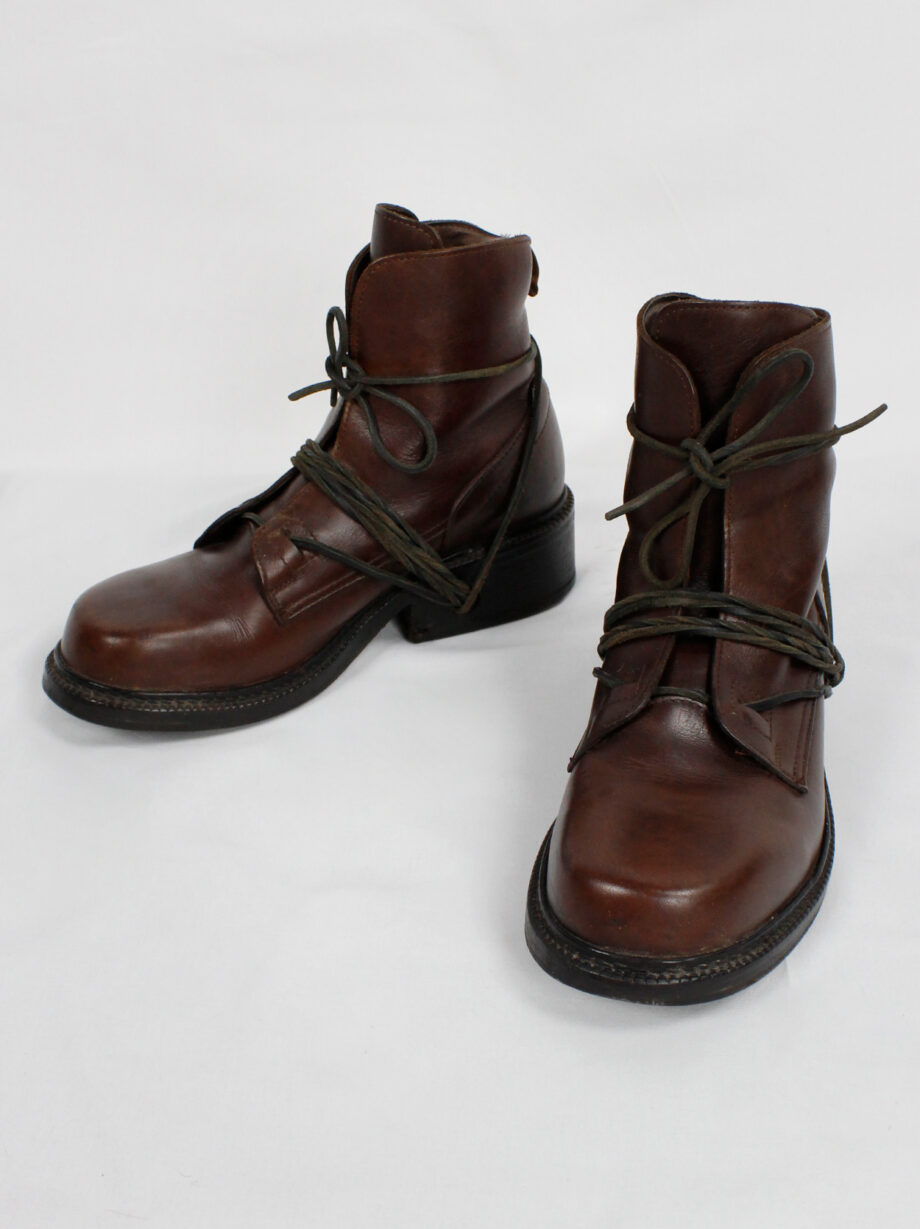 Dirk Bikkembergs brown combat boots wrapped with laces through the soles 1990s (6)