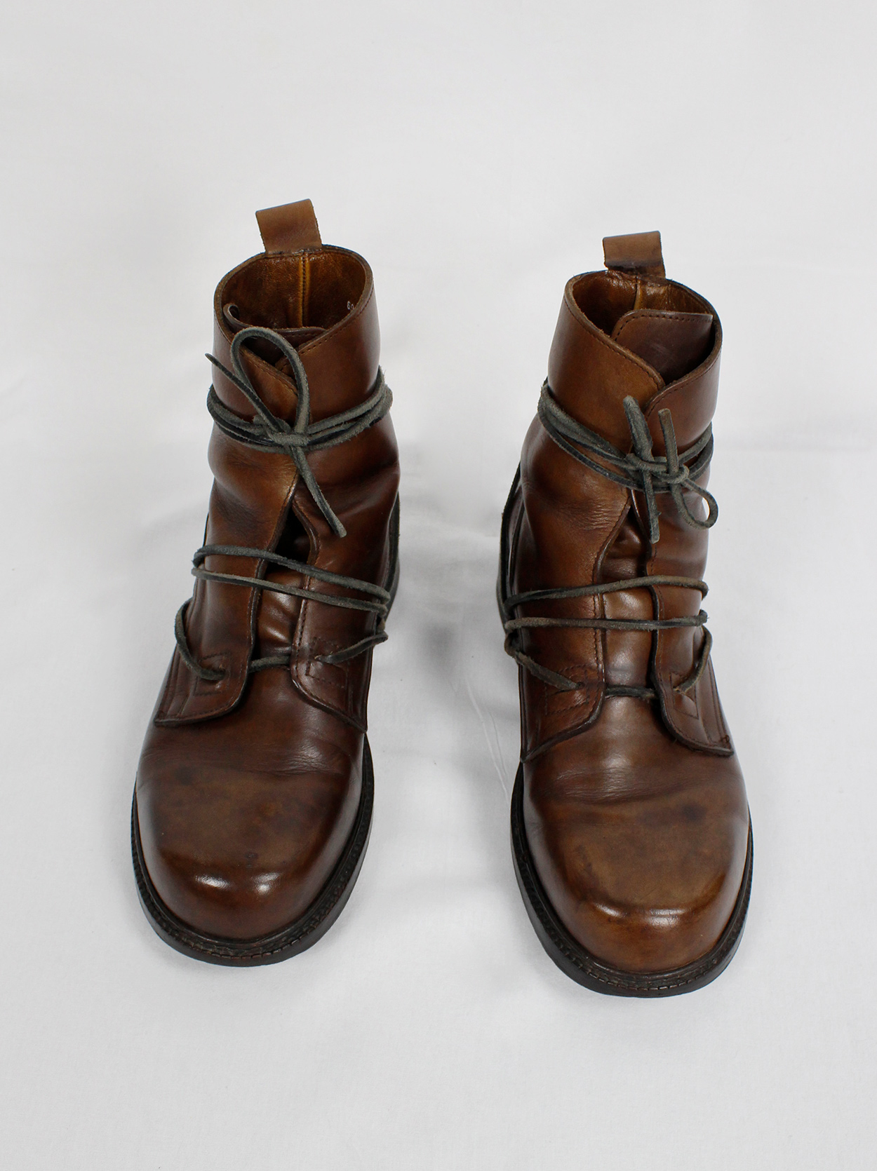 Dirk Bikkembergs cognac brown combat boots wrapped with laces through ...