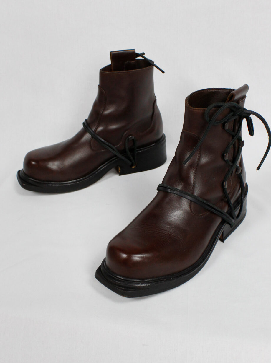 Dirk Bikkembergs brown mountaineering boots with side hooks and laces through the soles (15)
