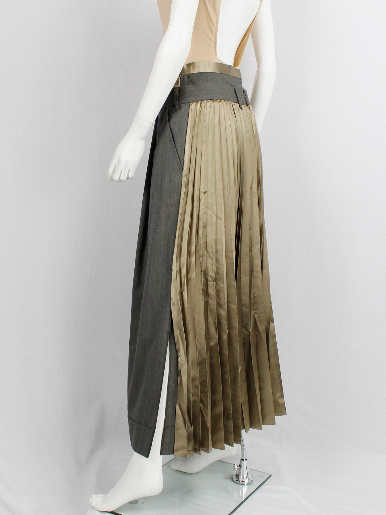 Junya Watanabe brown trousers attached to a chartreuse pleated maxi ...