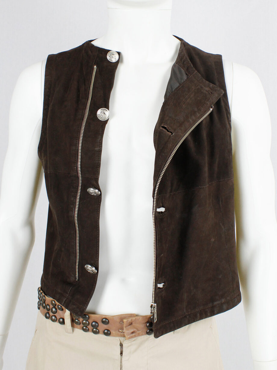 Lieve Van Gorp brown leather waistcoat with silver anchor buttons 90s (1)