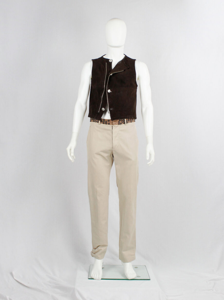 Lieve Van Gorp brown leather waistcoat with silver anchor buttons 90s (7)