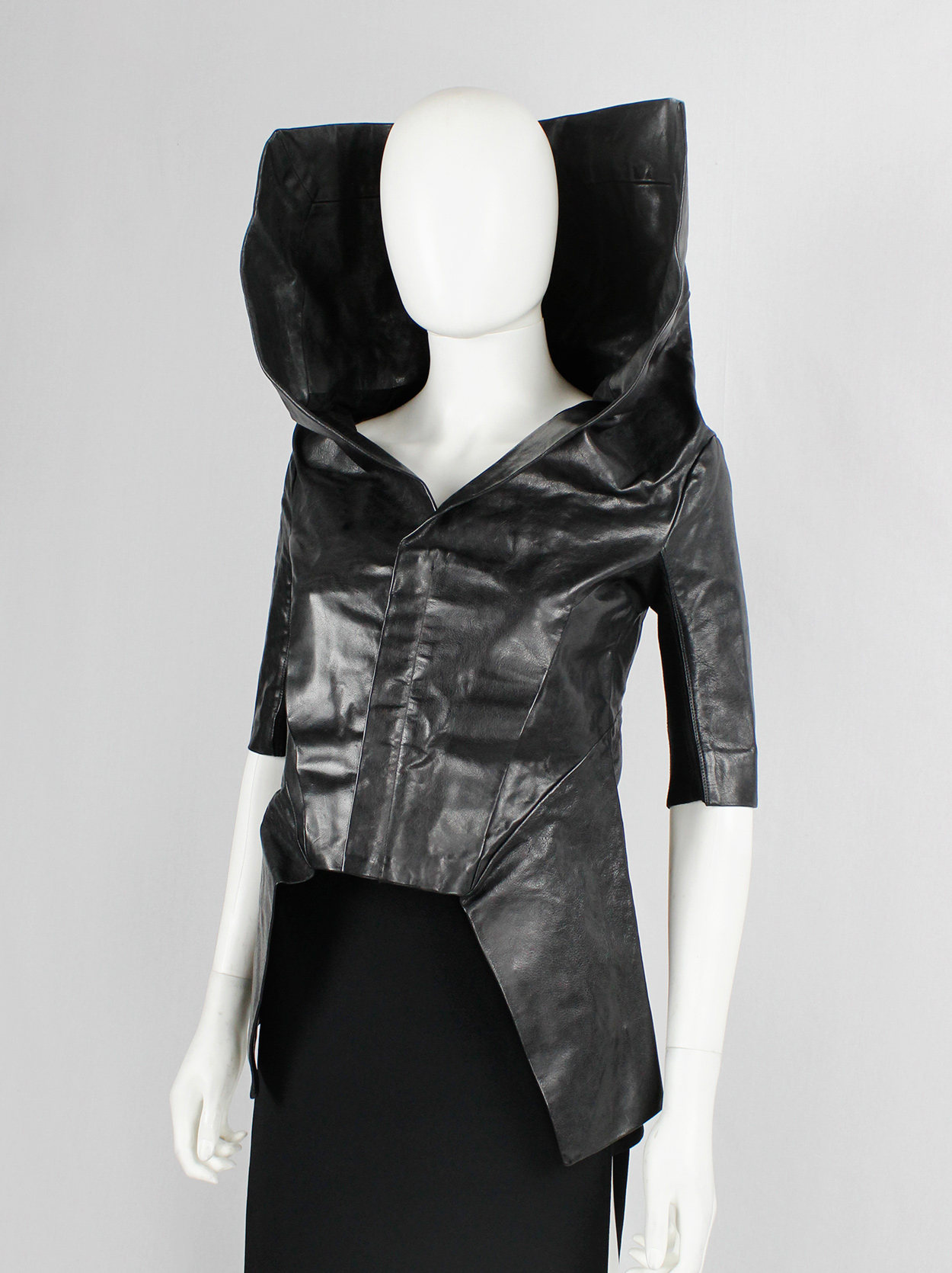 Rick Owens ANTHEM black leather winged jacket with standing collar ...