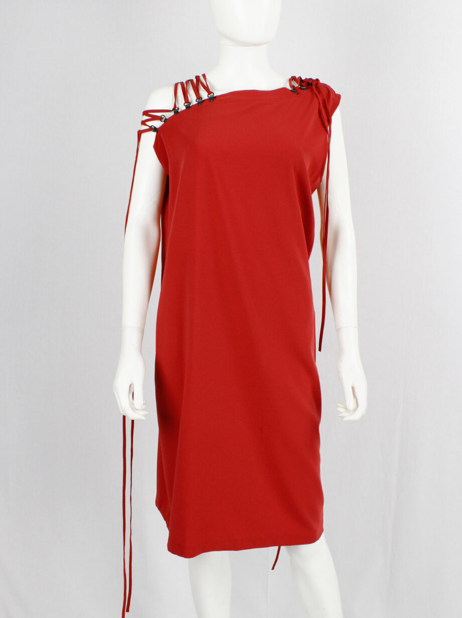 af Vandevorst red one shoulder dress with ring hooks and lacing on the shoulders spring 2012 (12)