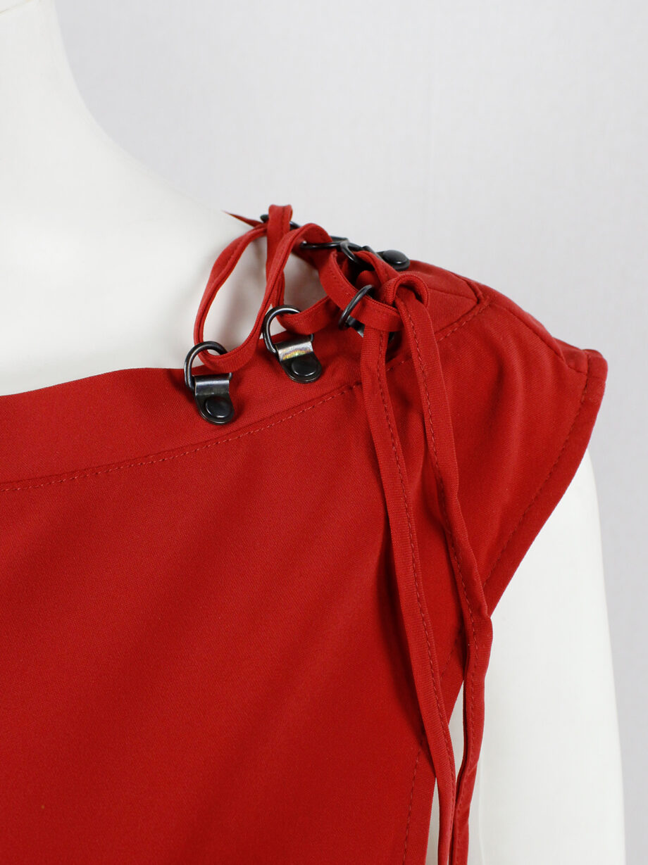 af Vandevorst red one shoulder dress with ring hooks and lacing on the shoulders spring 2012 (14)