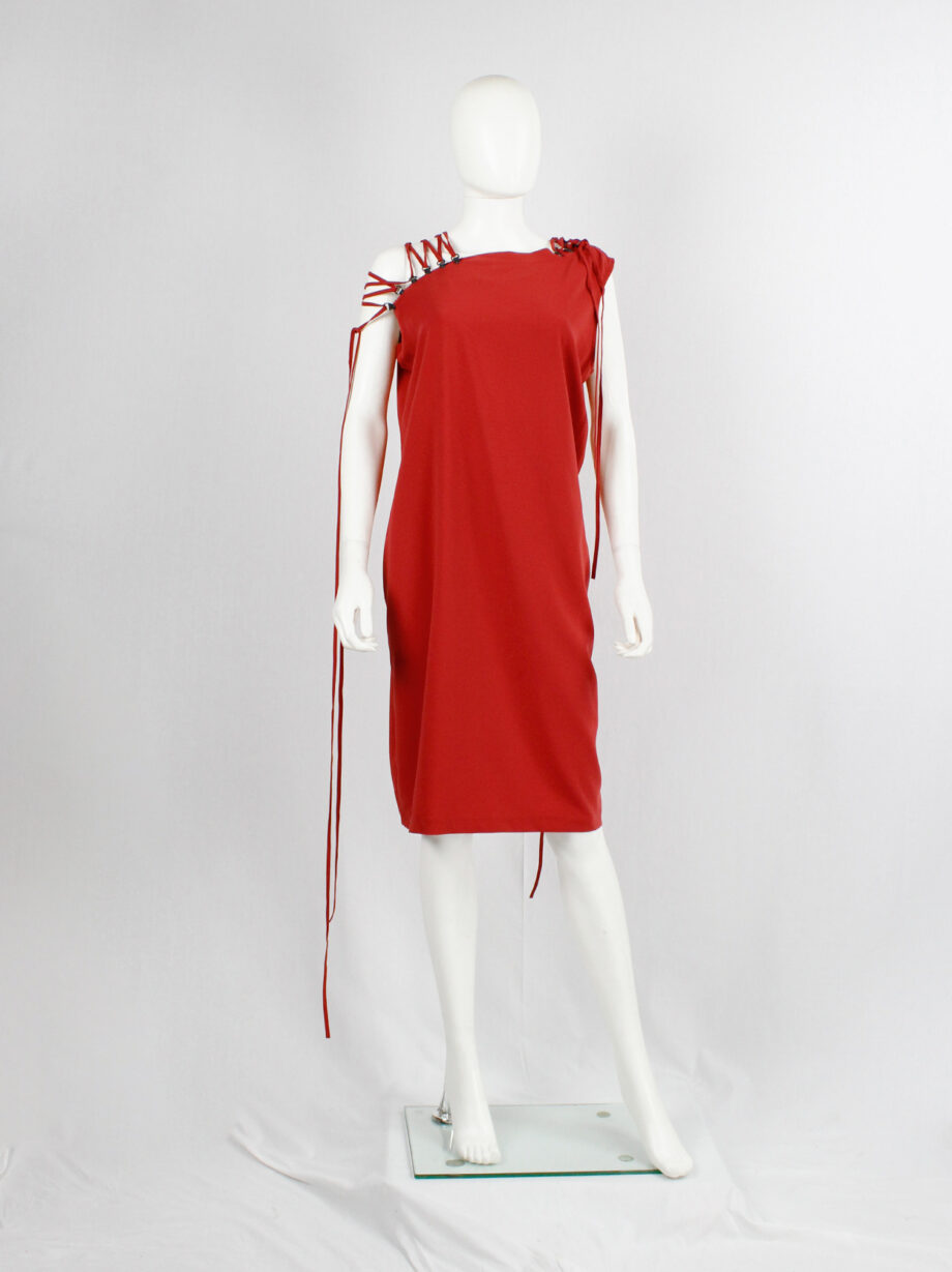 af Vandevorst red one shoulder dress with ring hooks and lacing on the shoulders spring 2012 (2)