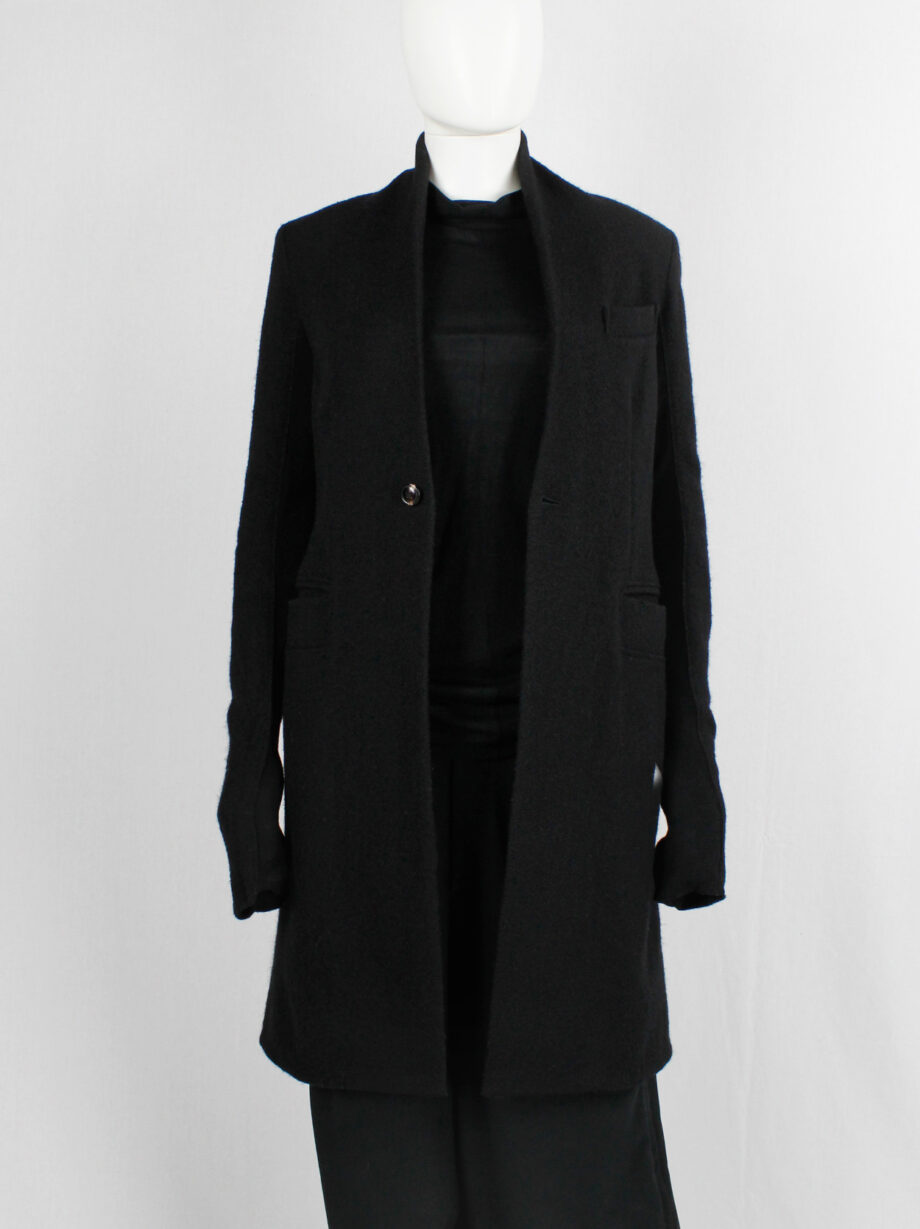 vintage Rick Owens black long minimalist wool coat with one button closure (1)