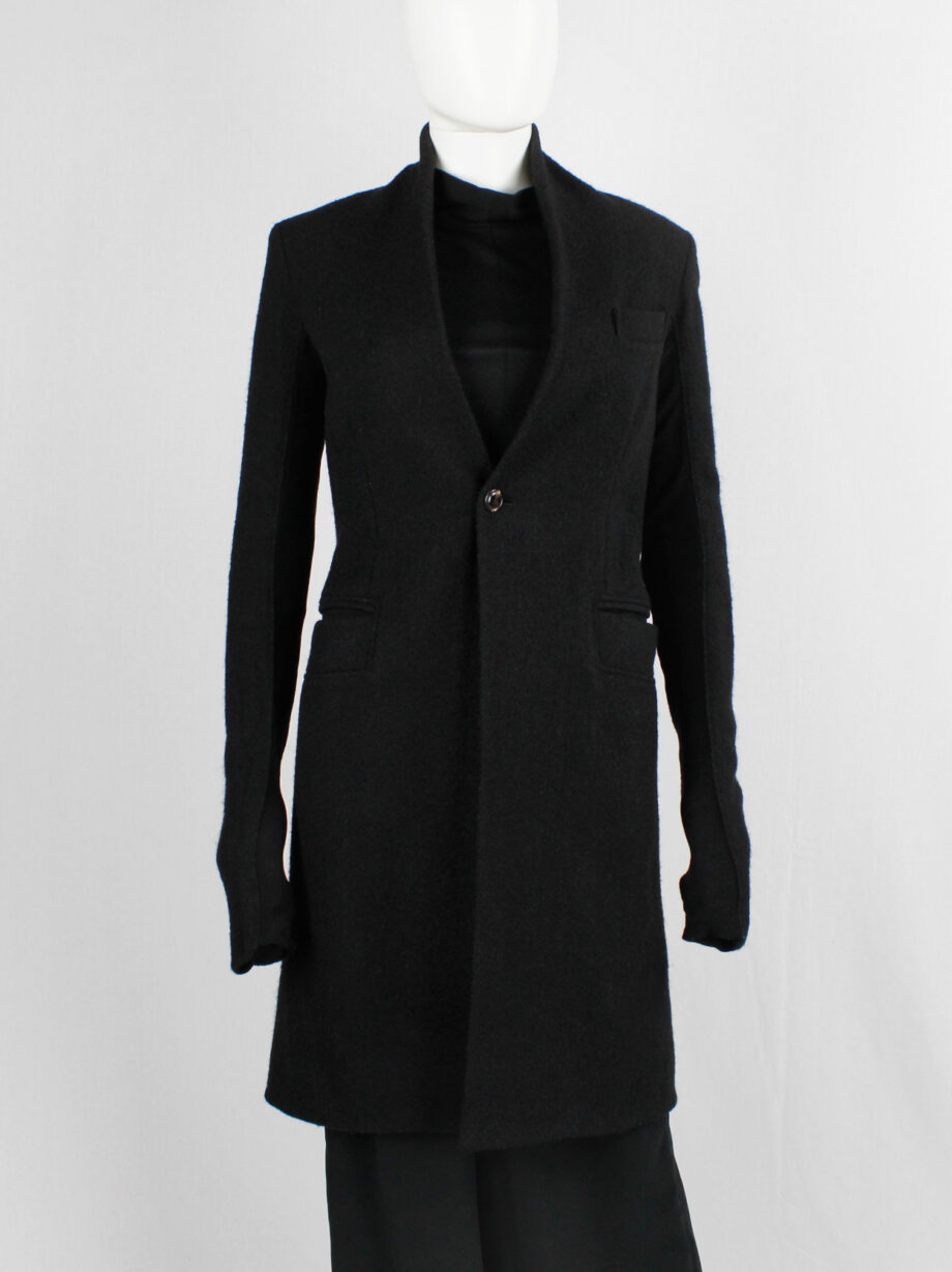 vintage Rick Owens black long minimalist wool coat with one button closure (10)