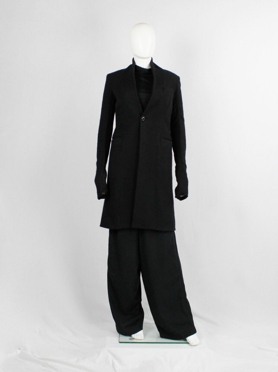 vintage Rick Owens black long minimalist wool coat with one button closure (3)