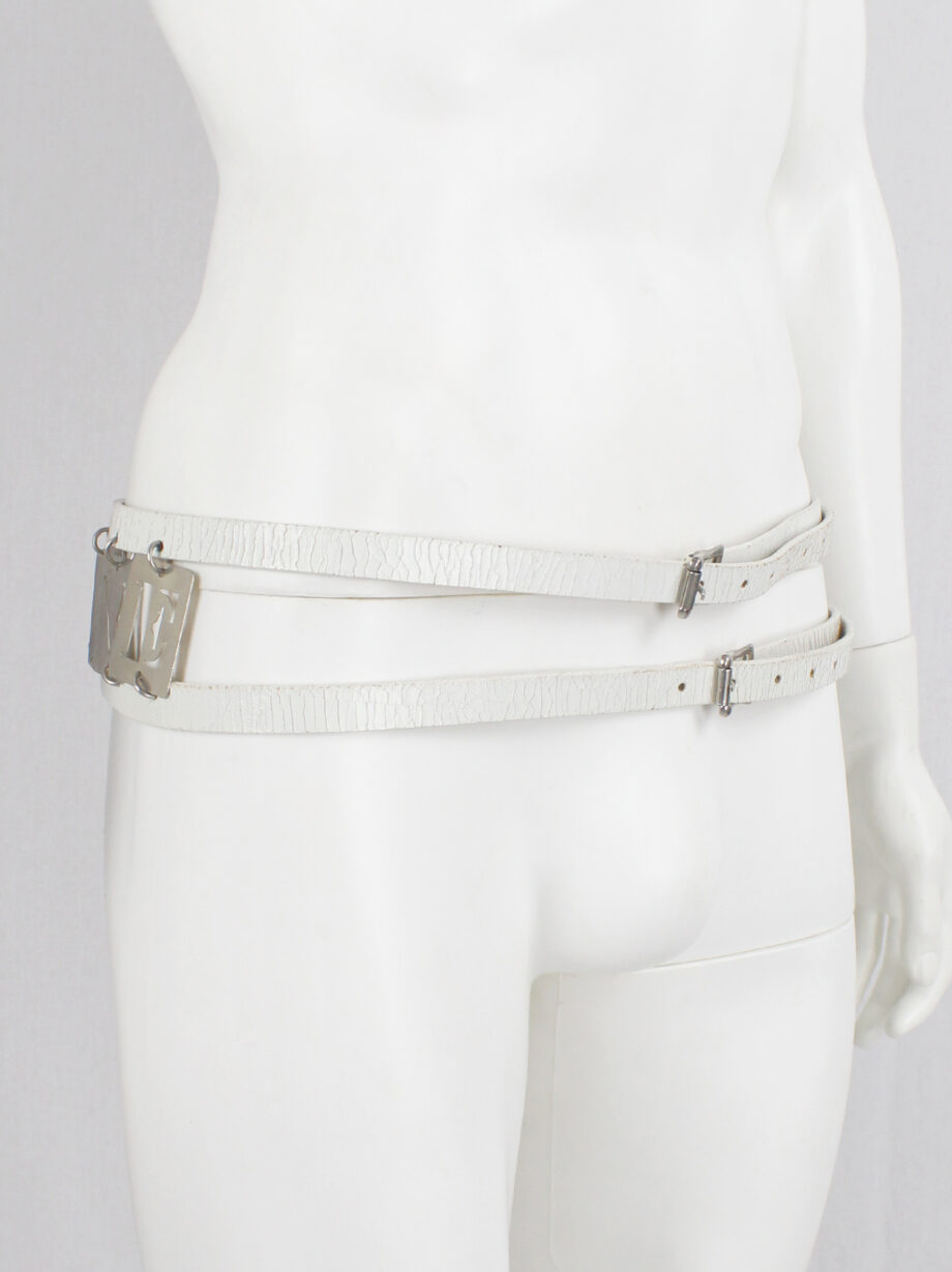 Ann Demeulemeester two white leather belts attached by metal LIFE and LIVE dogtags spring 2003 (12)