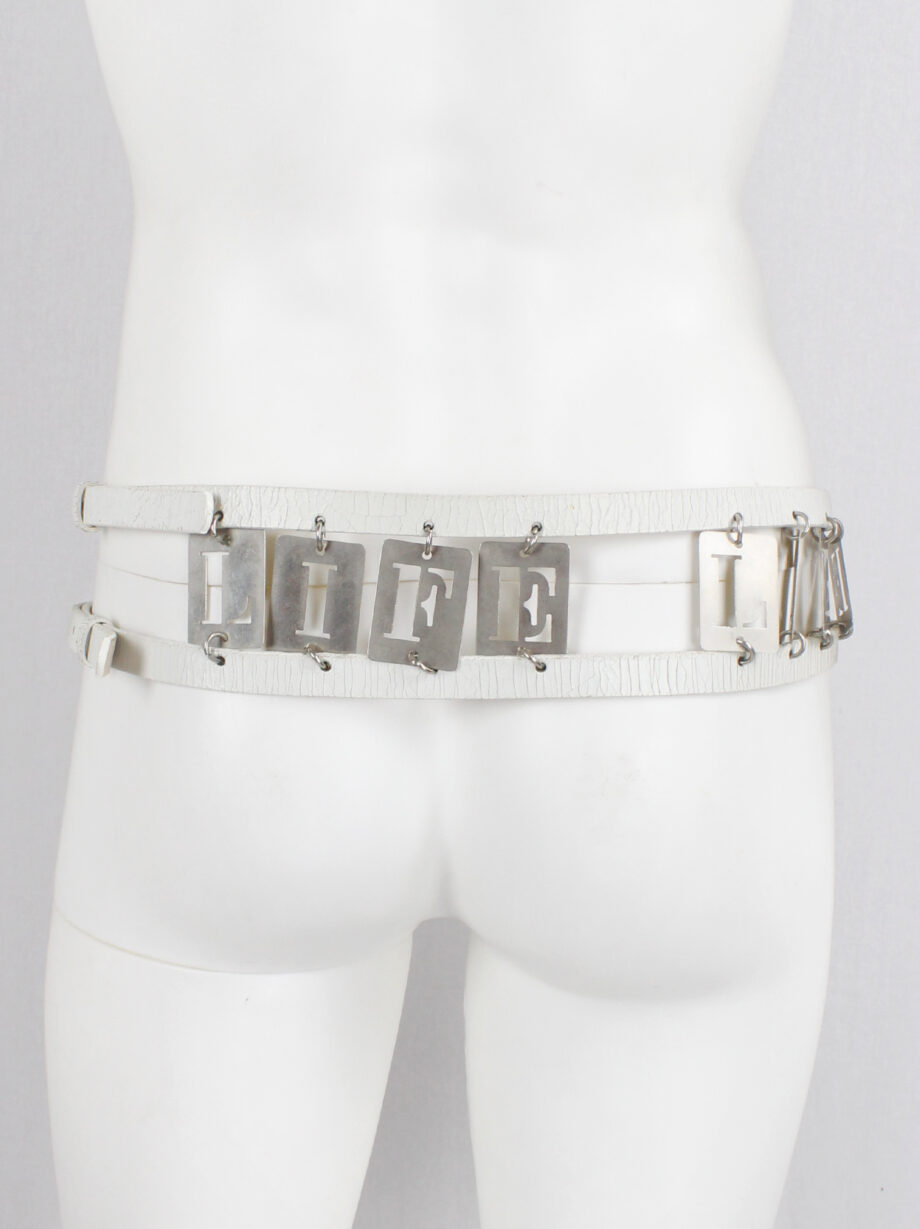 Ann Demeulemeester two white leather belts attached by metal LIFE and LIVE dogtags spring 2003 (13)