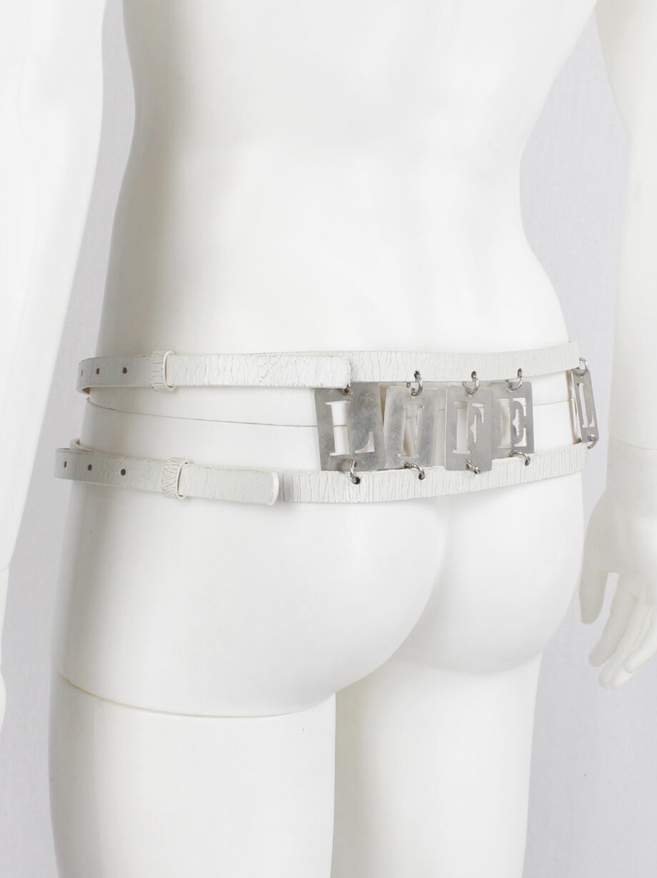 Ann Demeulemeester two white leather belts attached by metal LIFE and LIVE dogtags spring 2003 (14)