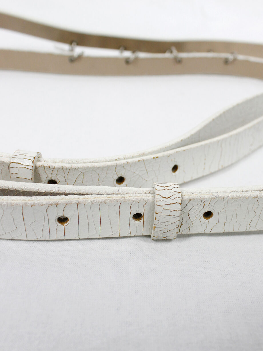 Ann Demeulemeester two white leather belts attached by metal LIFE and LIVE dogtags spring 2003 (2)