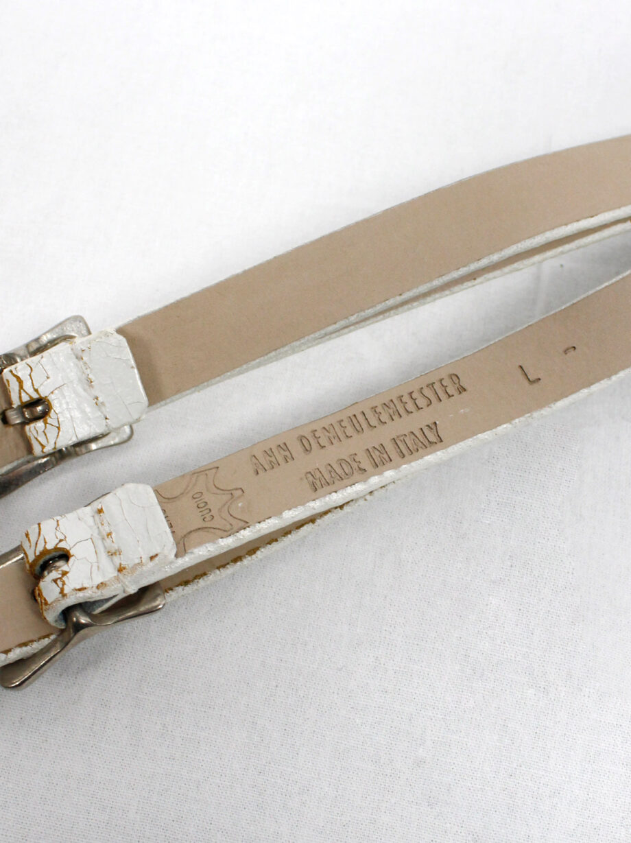 Ann Demeulemeester two white leather belts attached by metal LIFE and LIVE dogtags spring 2003 (3)