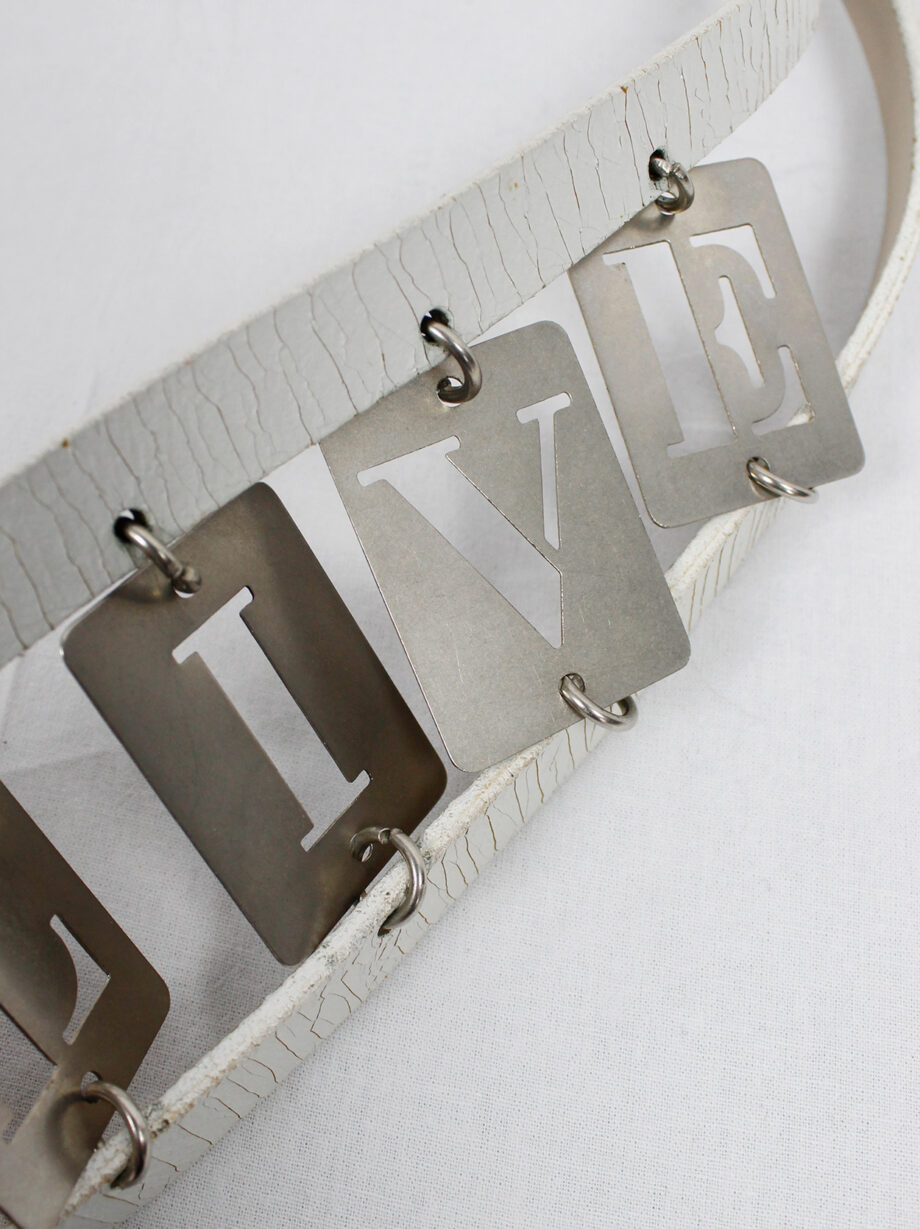 Ann Demeulemeester two white leather belts attached by metal LIFE and LIVE dogtags spring 2003 (5)
